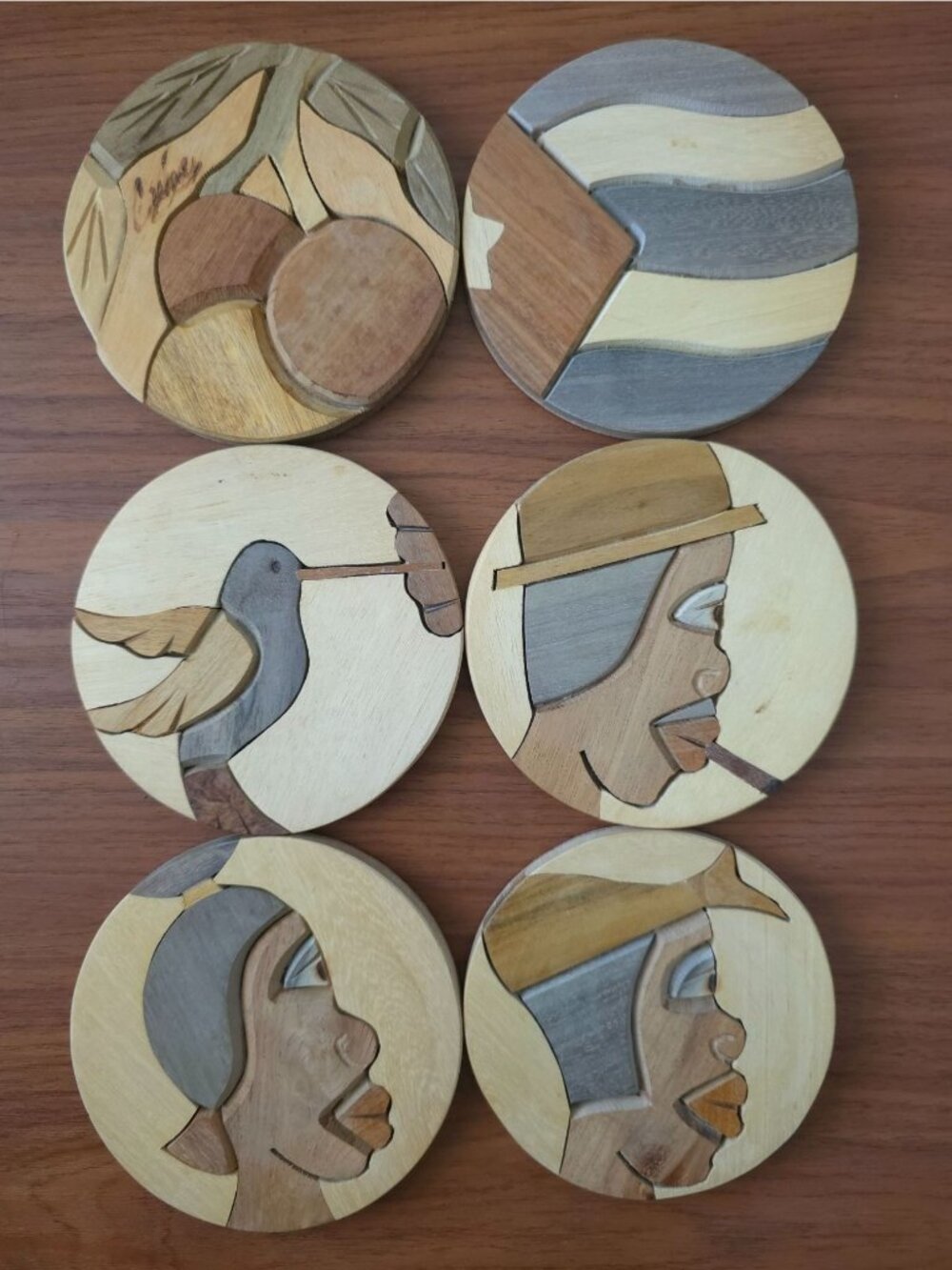 Handmade CUBA 4" Wooden Coaster Set w/ Inlay Art - Set Of 6 Unique Designs